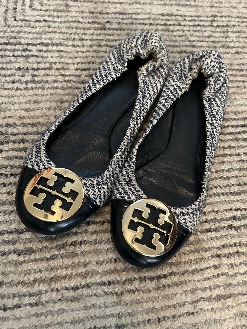 Tory Burch Ballet Flats Reva Navy Blue White Woven Tweed